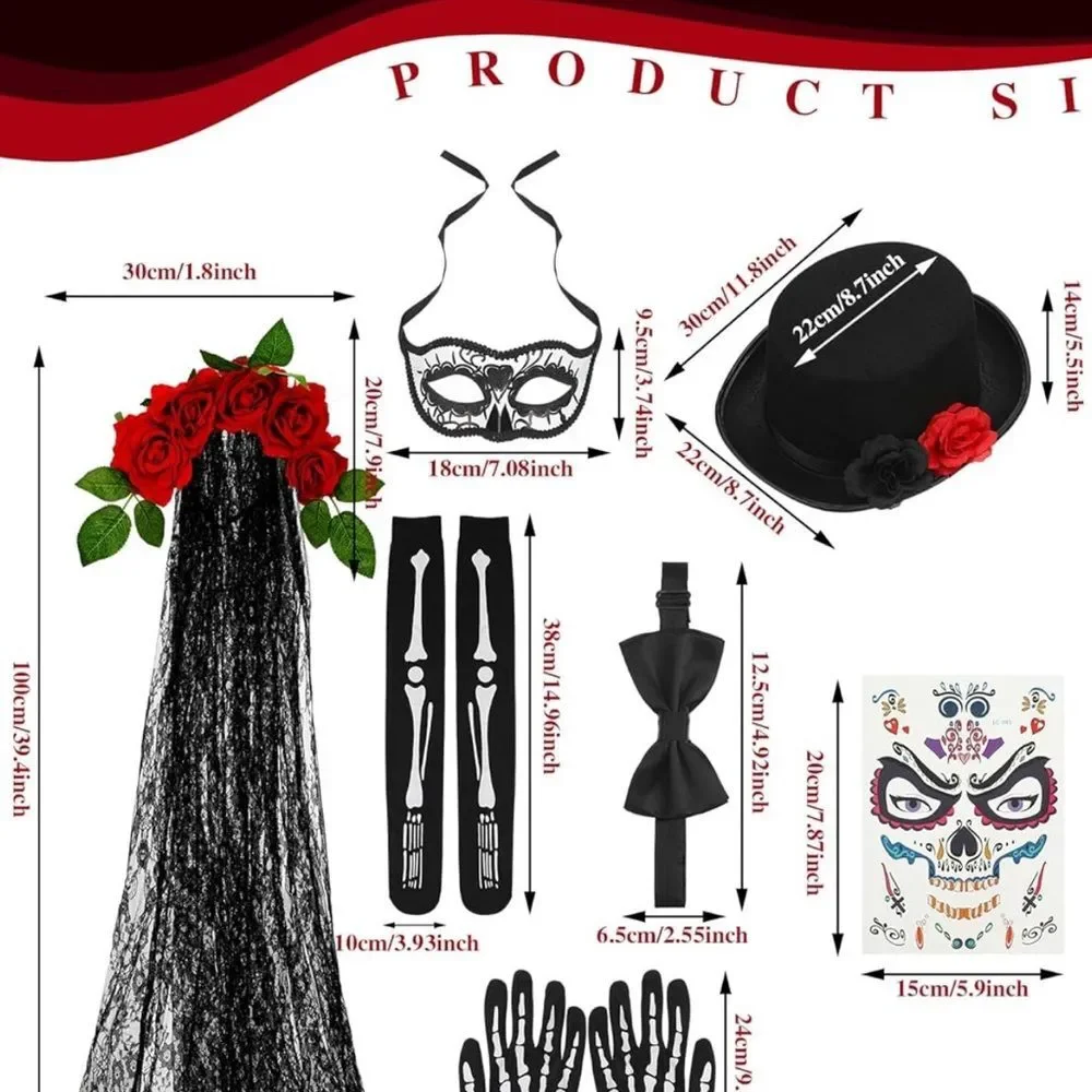 Toulite 16 pcs Halloween day of the dead costumes set for woman&men for cosplay